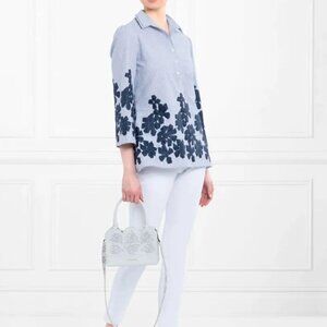 Anne Fontaine Blue White Stripe Embroidered Flower Palerme ¾ Sleeve Blouse Top